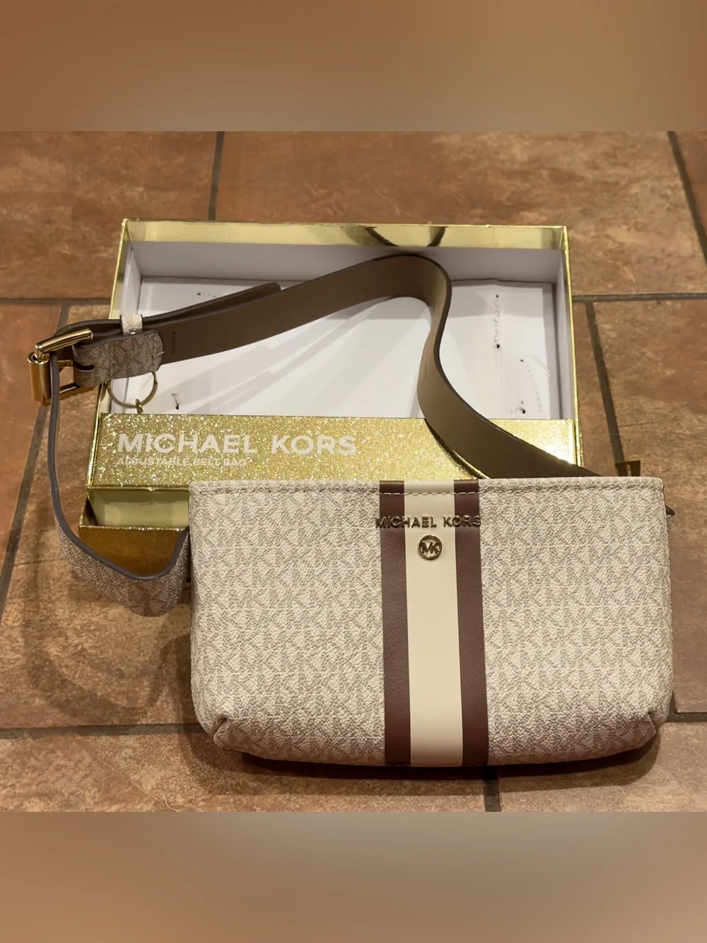 Michael Kors Signature Stripe Belt Bag Vanilla S/M NWOT w/ Box